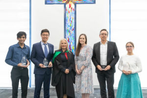 (L-R) Isuka Muthumuni, Andy Xu, Mrs Maria McIvor - Principal, Mrs Emma Dawson - President of the Old Collegian Association, Raymond Merlano (Dad of Nathan Merlano's in his absence) and Tameika Anderson